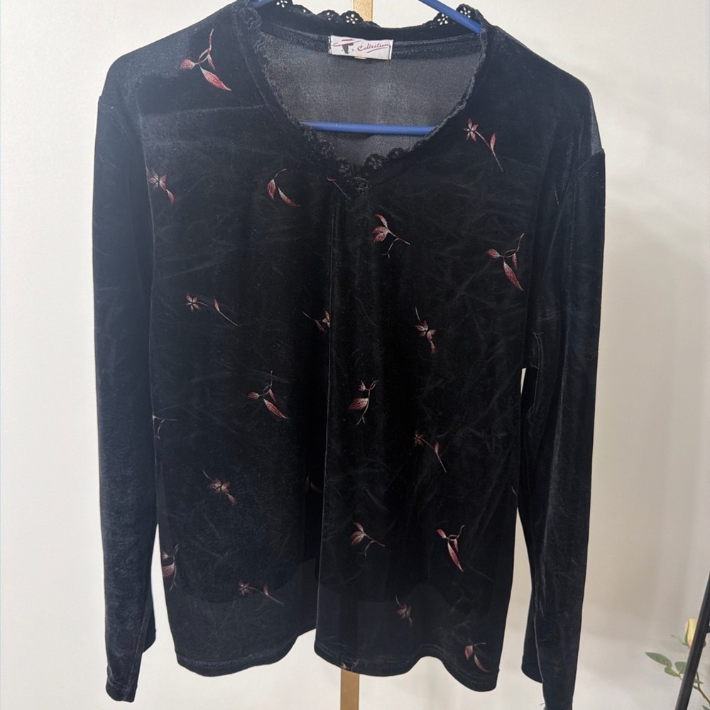 Collection B Black Velvet Top with Lace Detail